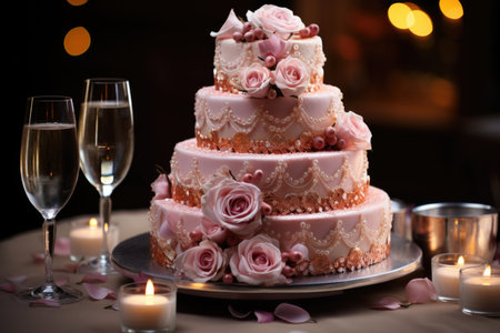 A beautiful three layer cake with rose ornaments and champagne bowls on the table, generative AIの素材