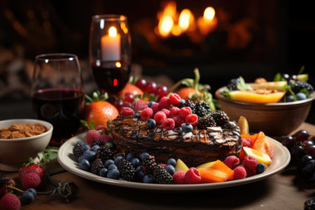 A chocolate cake with fruits and a piece of cake on the table., generative AIの素材