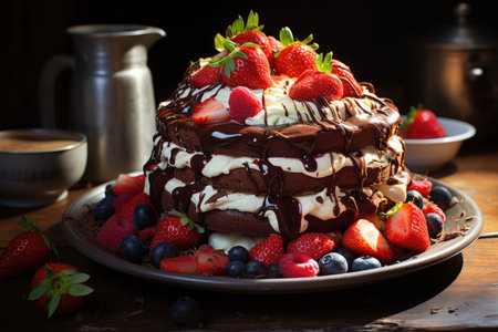 A chocolate cake with chocolate and strawberries on top created with general, generative AIの素材