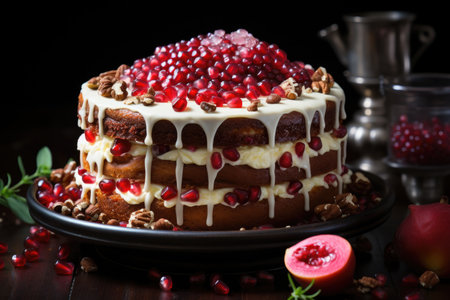 Cake with white cream, chocolate drops, pomegranate, walnuts and chocolate decorat, generative AIの素材