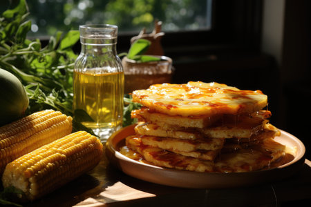 Corn cake without rustic wood slice and fabric with corn, slice in plate and cake, generative AIの素材