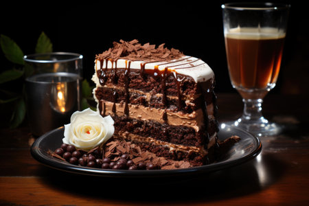 Karoshka and cappuccino chocolate cake on a wooden table, generative AIの素材