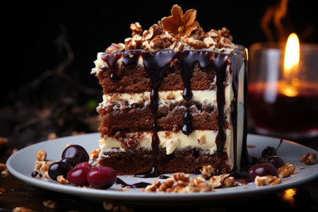 Chocolate cake with walnut cream and chocolate propagation, generative AIの素材