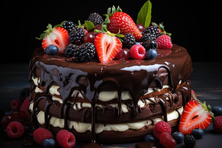 Chocolate cake with strawberries and chocolate chocolate with fruits on a white ba, generative AIの素材