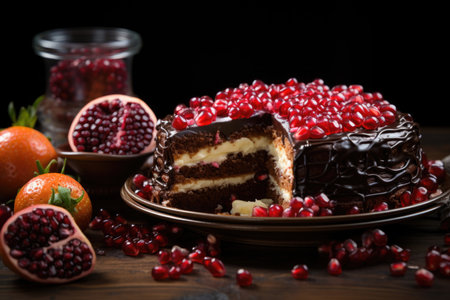 Sweet chocolate cake with pomegranate seeds and fresh fruits, generative AIの素材
