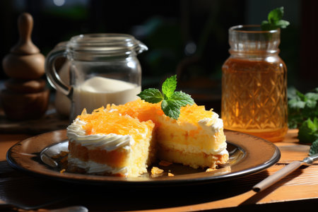 Corn cake with orange on white plate and jute tablecloth., generative AIの素材