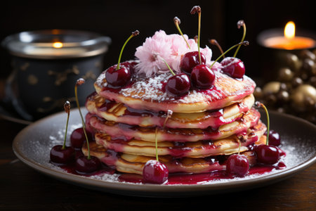 Vertical close-up of high angle of delicious cherry pancakes with cherry and icing su, generative AIの素材