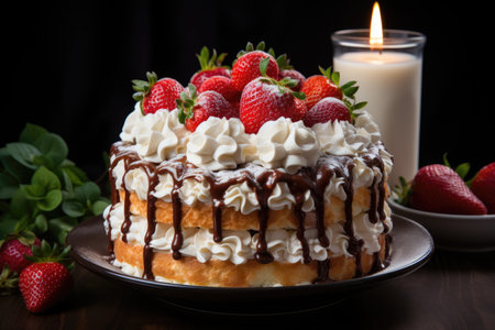 Beautiful birthday cake covered with whipped cream and fresh strawberry. gray back, generative AIの素材