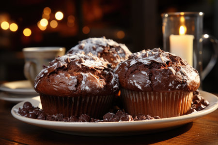 Homemade chocolate muffin on the rustic wooden table generated by, generative AIの素材