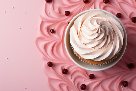 The concept of home cooking is a whipped cream and cupcake scout on a pink background, generative AIの素材