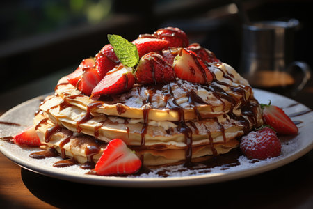 Thin pancakes or crepes with chocolate cream, banana and strawberries, generative AIの素材