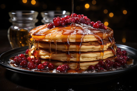 Pancakes with a hint of icing sugar, a delicious breakfast, generative AIの素材