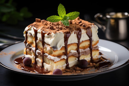 Italian dessert portion Tiramisu gourmet served on a plate on the gray table in a , generative AIの素材