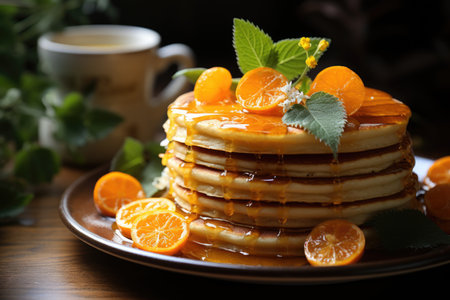Side view of pancakes with kumquat slices in a deep wood, generative AIの素材