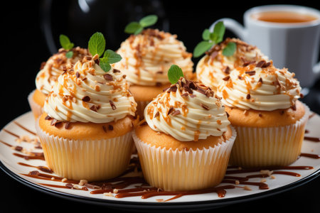 Vertical Focus Capture of delicious peanut butter cupcakes with creamy icing on a , generative AIの素材