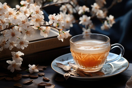 Home composition with a cup of coffee flowers and a mesh element, generative AIの素材