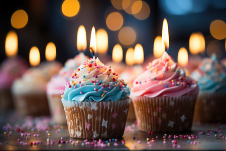 Delicious cupcake with a candle on a colorful background with space to insert text, generative AIの素材