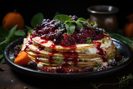Crepe with berry sauce, mint seeds and chia. Pancakes made of eggs and flour. A tr, generative AIの素材