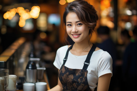 Vertical photo of a friendly Asian girl smiling serving coffee barista giving her , generative AIの素材