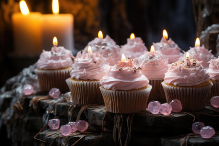 White plate of delicious frozen cupcakes on the stone., generative AIの素材