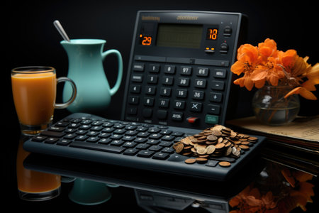 Lay black background with laptop coffee cup and upper view of the calculator, generative AIの素材