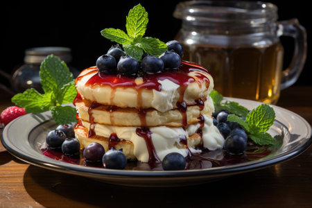 Cottage Cheese Pancakes Cheesecakes Ricotta Cools with fresh strawberries and blue, generative AIの素材