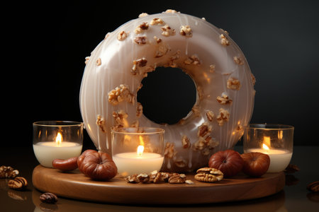 A white-covered donut and walnuts on a white surface, generative AIの素材