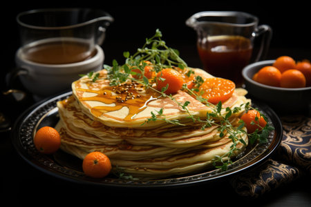 Upper view of pancakes with slices of kumquat on the plate and orange lemon in clo, generative AIの素材