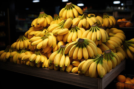 Bananas on a shelf in a large group of yellow bananas in supermarket shelves, generative AIの素材