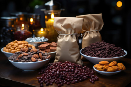 Chocolate chocolates of various shapes, coffee beans and white paper packet on the, generative AIの素材