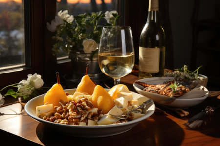 White plate with delicious wine pears on a wooden table, generative AIの素材