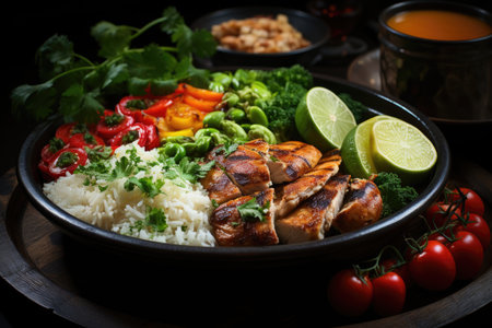 Healthy Brazilian food plate with grilled chicken, beans, rice flour and vegetable, generative AIの素材