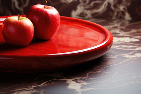 Bright red apple wood plate on the marble table., generative AIの素材