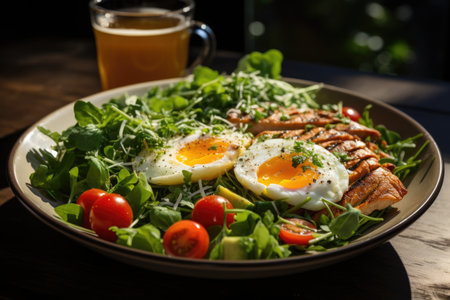 Dish with a dietary food. Cherry tomatoes, chicken breast, eggs, carrots, salad wi, generative AIの素材