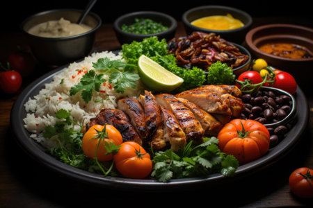 Healthy Brazilian food plate with grilled chicken, beans, rice flour and vegetable, generative AIの素材