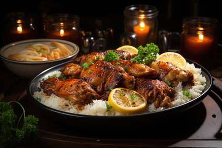 Chicken plate with chicken pieces in tomato sauce, served with rice and tomatoes, generative AIの素材