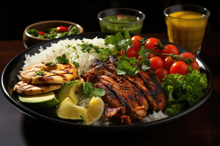 Healthy Brazilian food plate with grilled chicken, beans, rice flour and vegetable, generative AIの素材