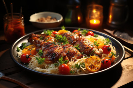 A chicken plate with vegetables and pasta on a wooden table, generative AIの素材