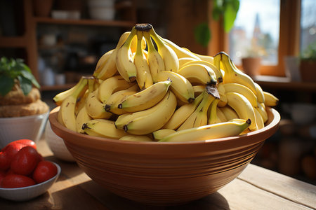 A bowl of bananas is on a counter and one of them is labeled as bananas., generative AIの素材