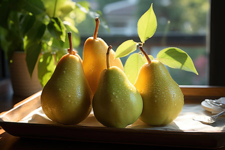 A front view of mature and mature fresh green pears in white, generative AIの素材