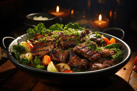 A front view fried meat with vegetables inside the plate on the brown wooden table, generative AIの素材