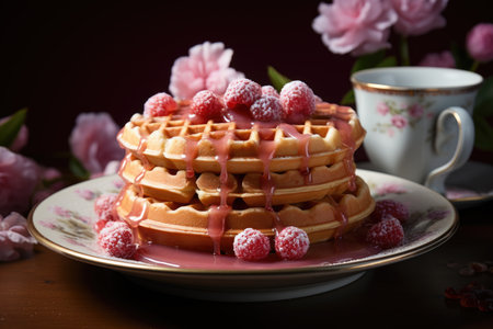 Front view of delicious waffles on the pink table with a strawberry, generative AIの素材