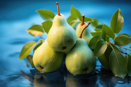 A front view fresh, sweet and soft green pears in the blue, mature fruit color, generative AIの素材