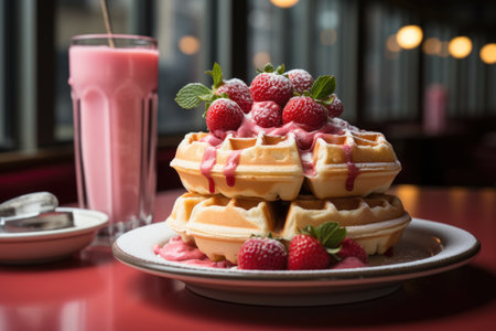 Front view of delicious waffles on the pink table with a strawberry, generative AIの素材