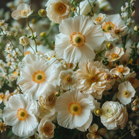 Close-Up Elegance: Capturing the Beauty of a Bouquet of White Flowers in Intricate Detailの素材