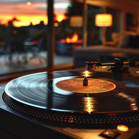 Close-up of Vinyl Record Spinning on Turntable in Living Room with Blurred Figuresの素材