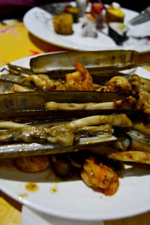 Sea food dish with squid, shrimp and clamsの写真素材