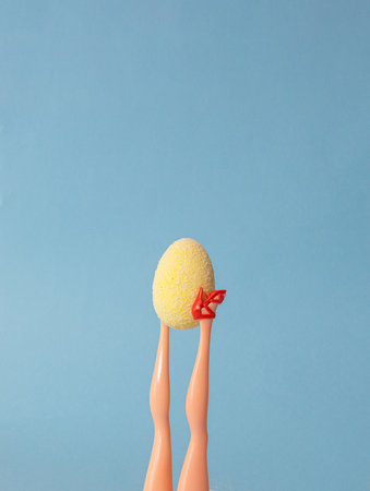 Leg of a woman in high heels holding up a yellow easter egg on a blue background.