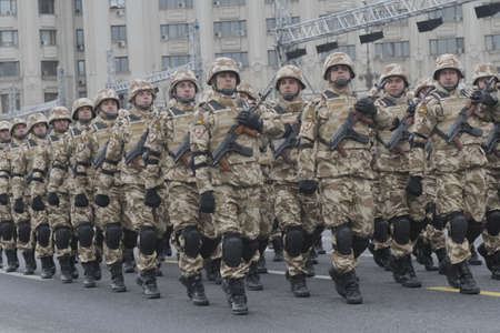 BUCHAREST, ROMANIA - NOVEMBER 29, 2015: More than 2,600 troops and defence agencies professionals with 360 military vehicles and weapon systems from the Ministry of National Defence, Ministry of Internal Affairs, Romanian Intelligence Service, Protection のeditorial素材