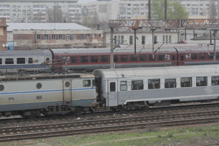 Bucharest, Romania, March 13, 2016: Passenger trains are seen the switch yard of Gara de Nord main railway station.のeditorial素材